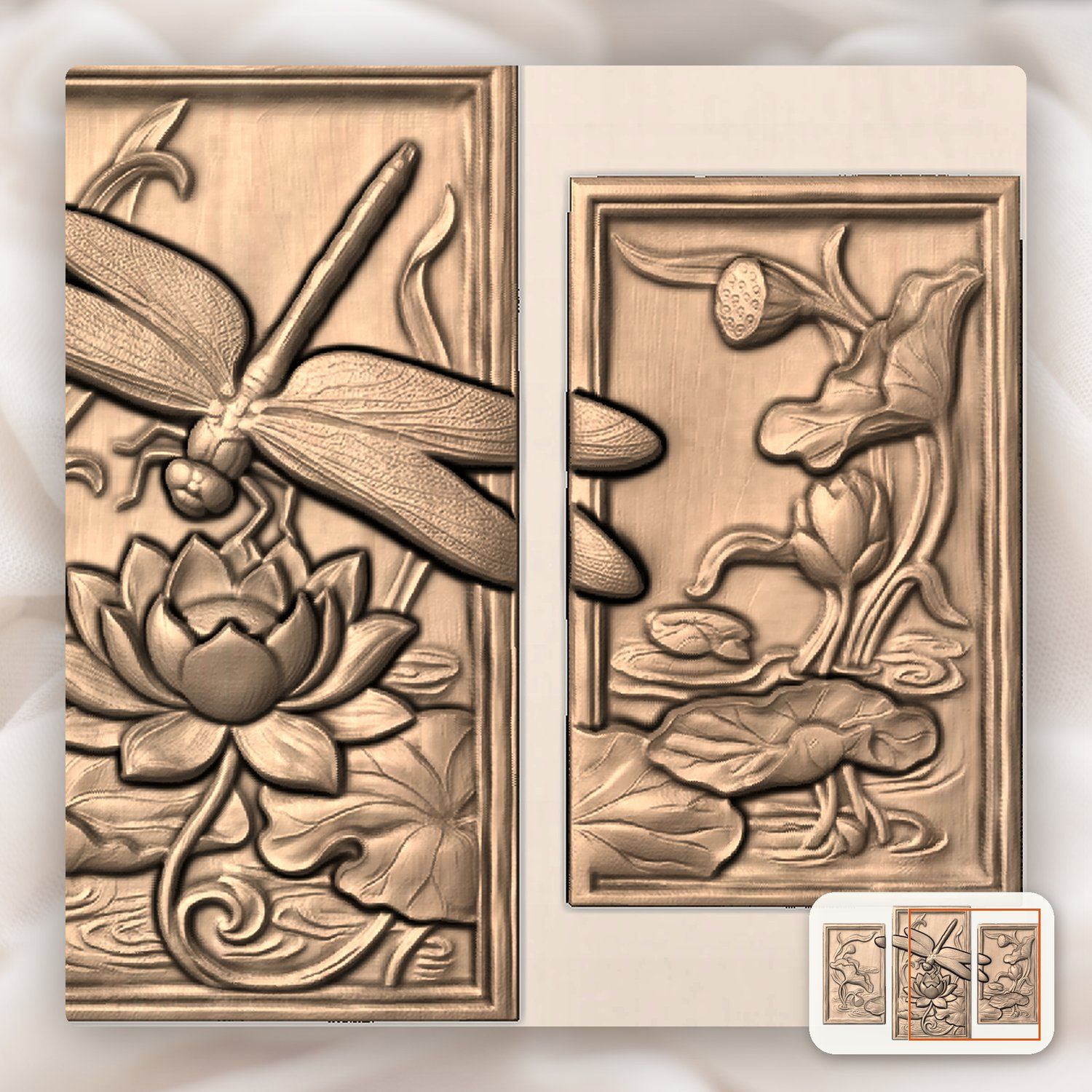 Dragonfly & Lotus Decor Panels 3 Stepped Vertical CNC Relief STL bas-relief STL — view 10