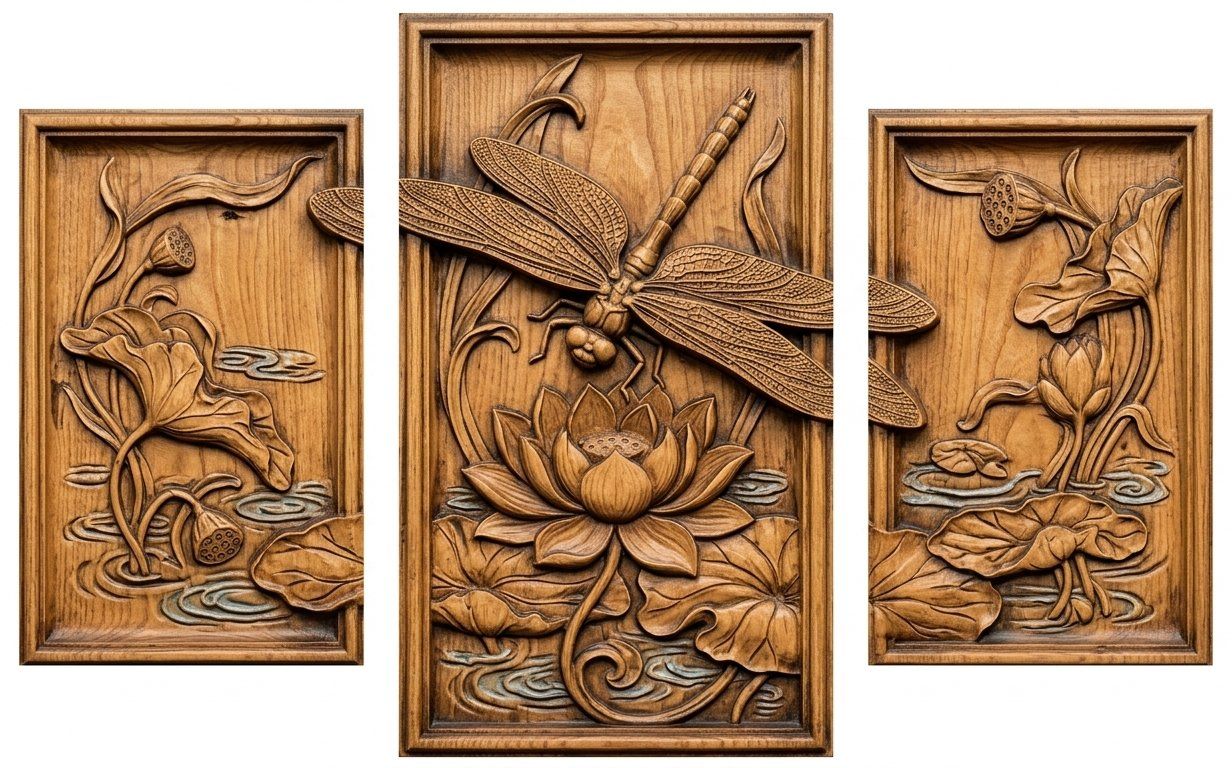 Dragonfly & Lotus Decor Panels 3 Stepped Vertical CNC Relief STL bas-relief STL — view 11
