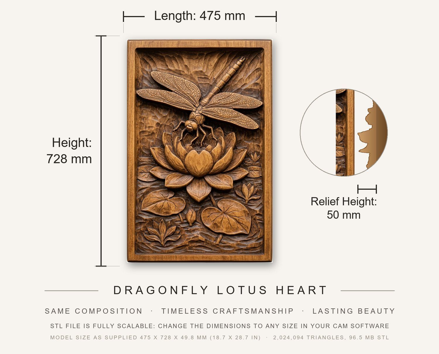 Dragonfly Lotus Heart CNC Relief STL bas-relief STL — view 3