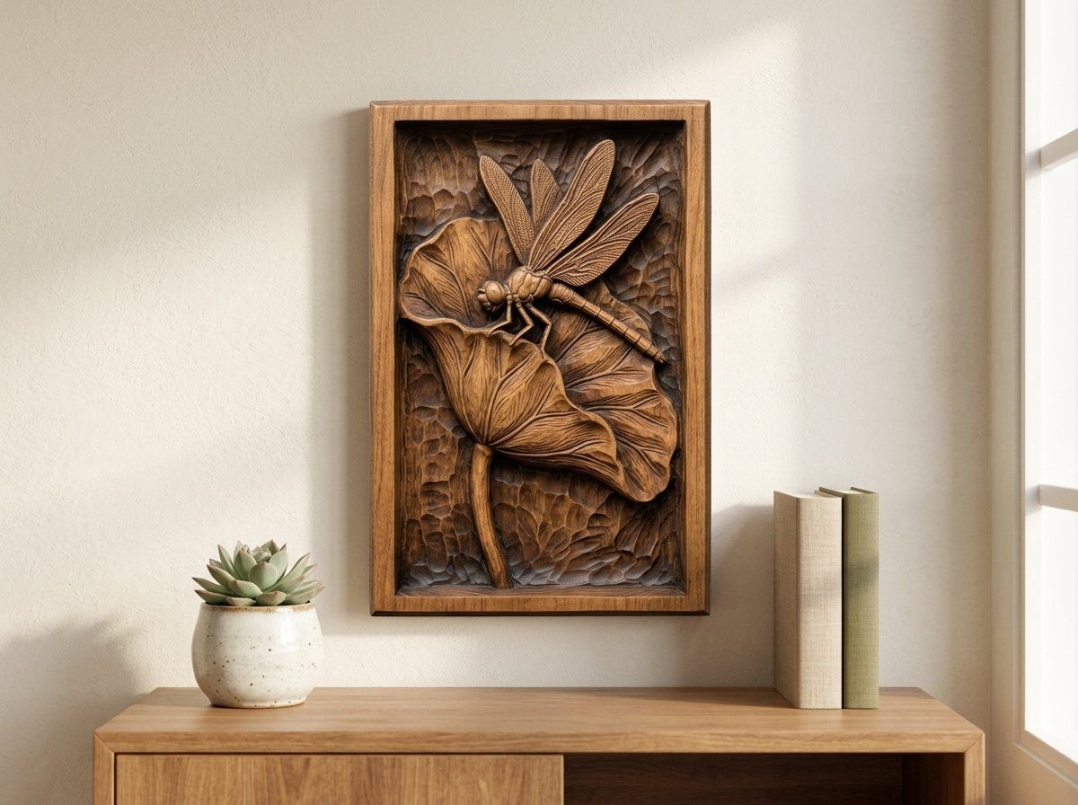Dragonfly Lotus Leaf Pond Scene CNC Relief STL bas-relief STL — view 13
