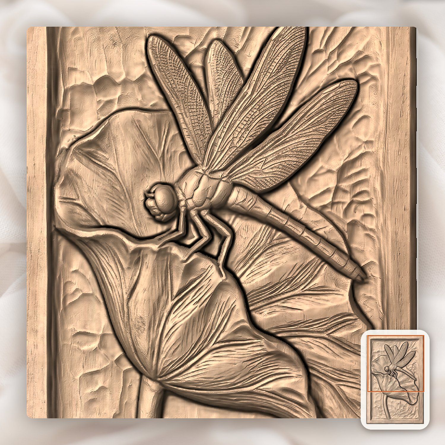 Dragonfly Lotus Leaf Pond Scene CNC Relief STL bas-relief STL — view 9