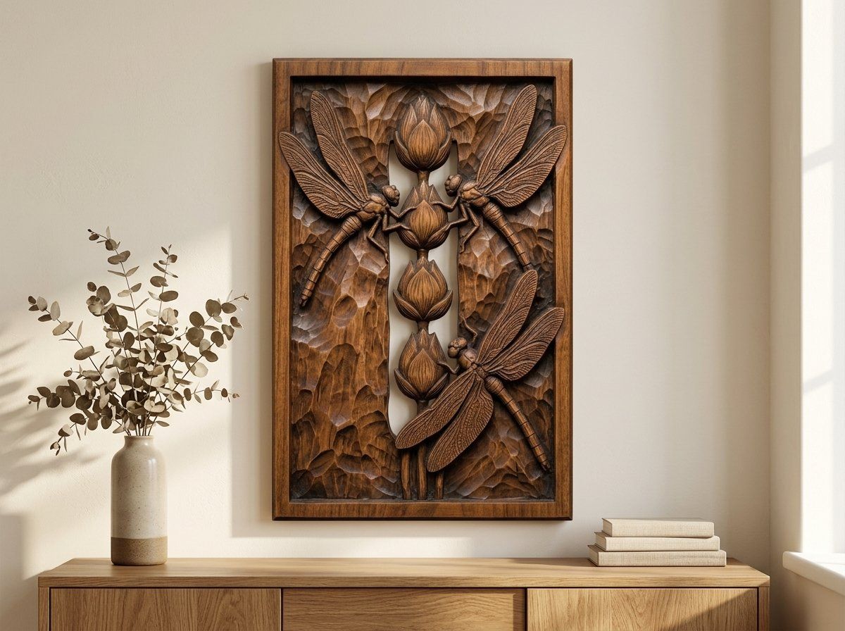 Dragonfly Lotus Pond Pillar CNC Relief STL bas-relief STL — view 11