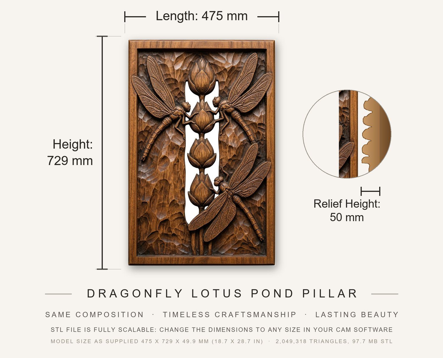 Dragonfly Lotus Pond Pillar CNC Relief STL bas-relief STL — view 13