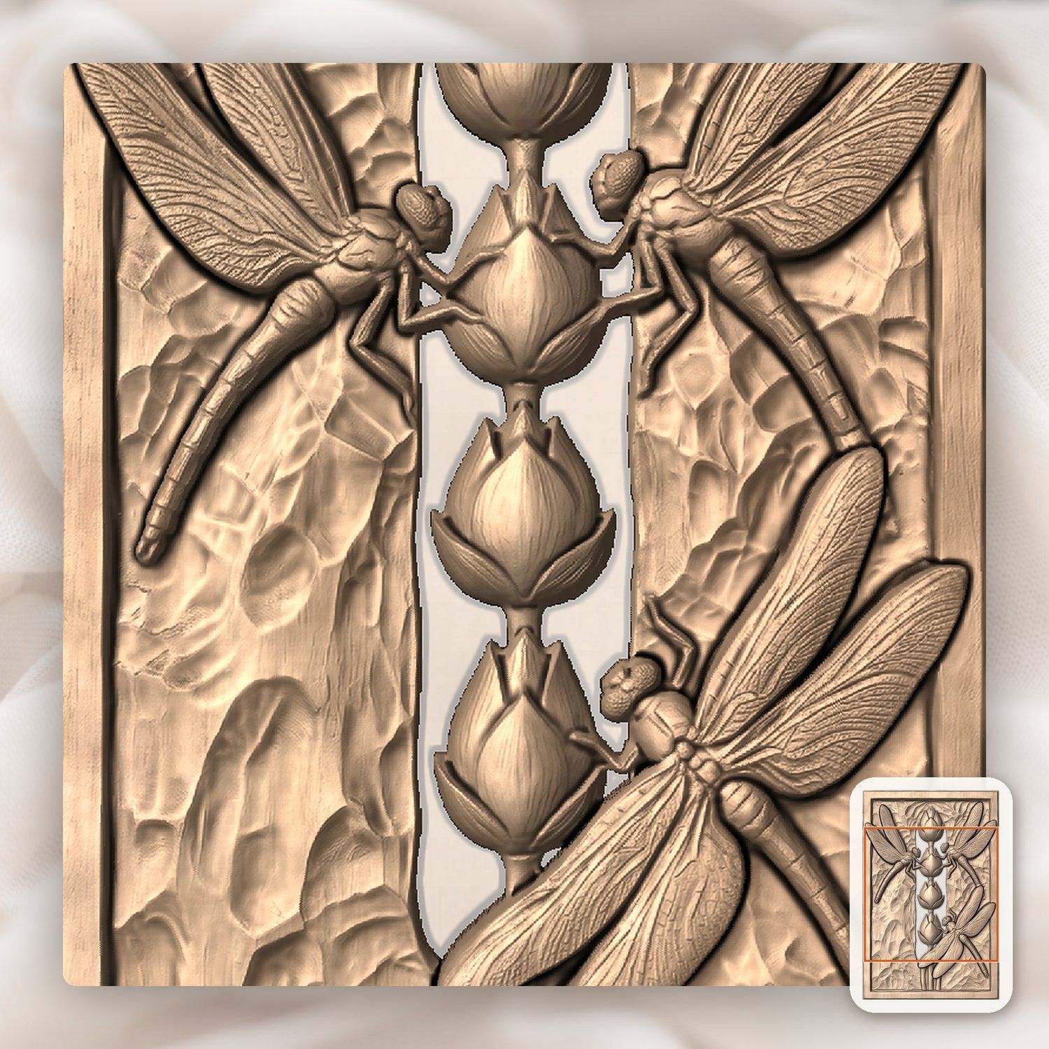 Dragonfly Lotus Pond Pillar CNC Relief STL bas-relief STL — view 4