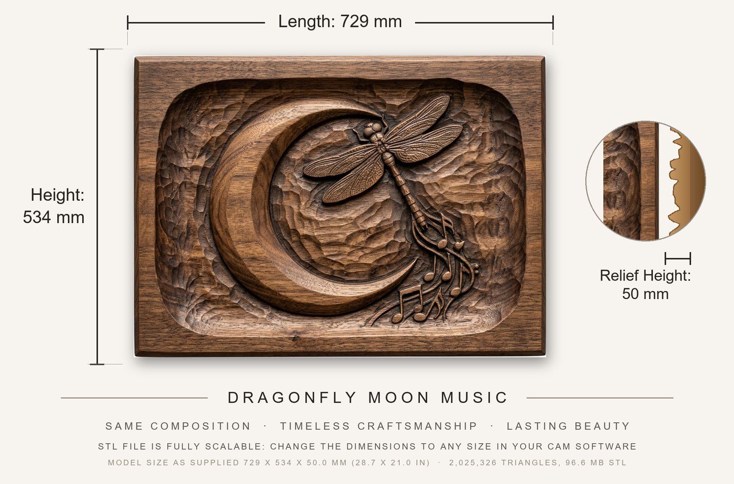 Dragonfly Moon Music CNC Relief STL bas-relief STL — view 3