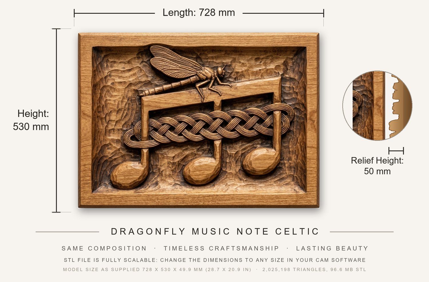 Dragonfly Music Note Celtic CNC Relief STL bas-relief STL — view 3