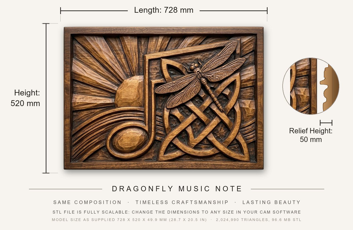 Dragonfly Music Note CNC Relief STL bas-relief STL — view 3