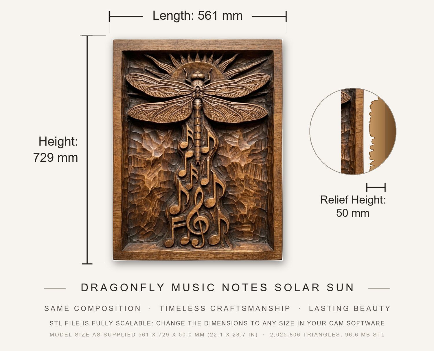 Dragonfly Music Notes Solar Sun CNC Relief STL bas-relief STL — view 3