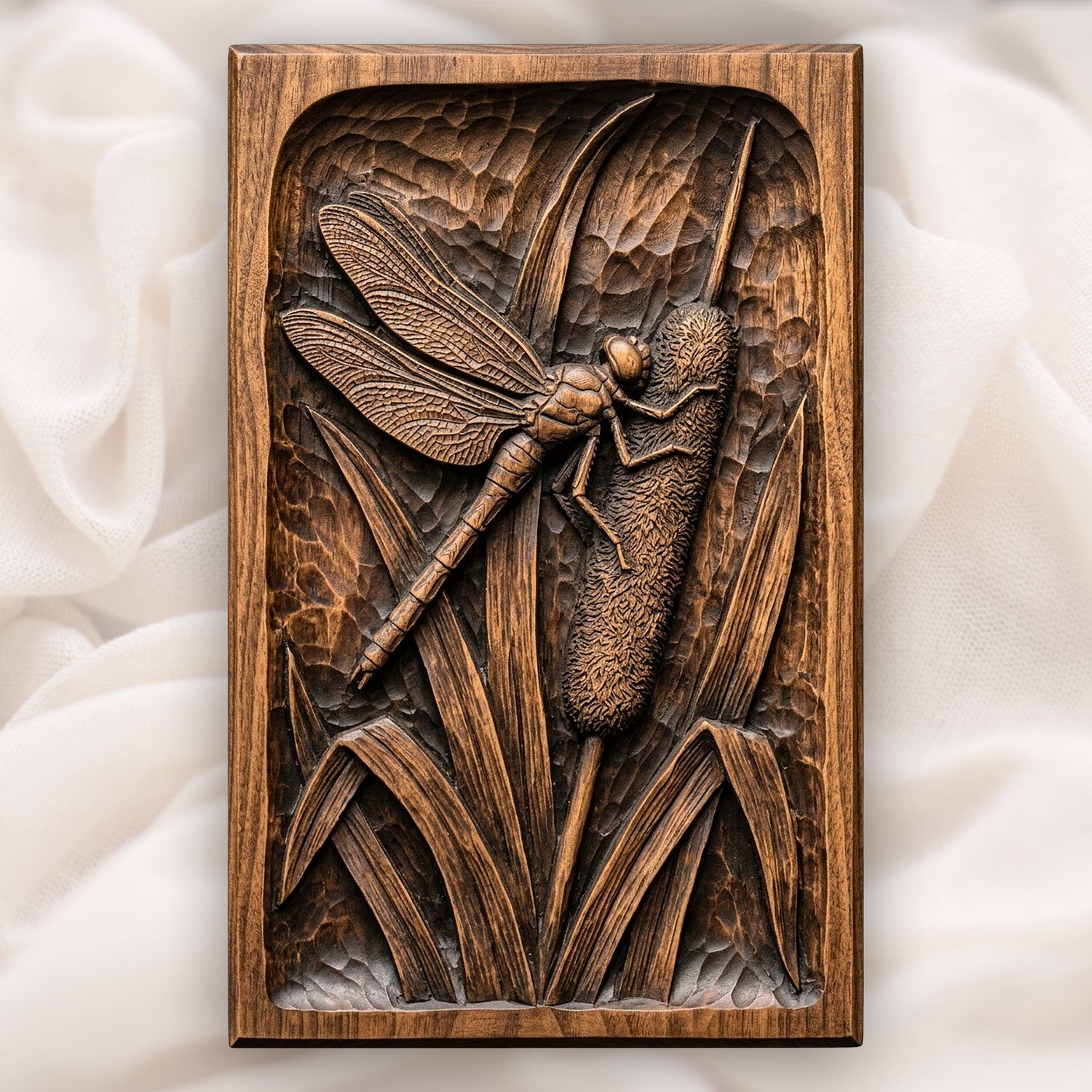 Dragonfly on Cattail Pond Scene CNC Relief STL bas-relief STL design