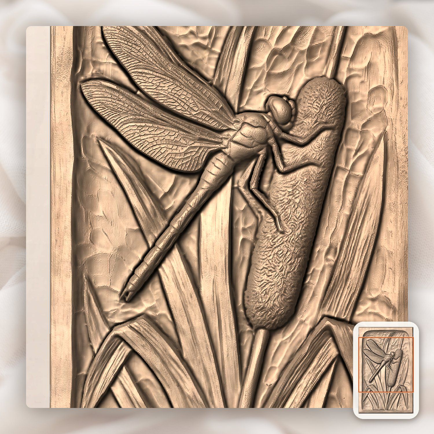 Dragonfly on Cattail Pond Scene CNC Relief STL bas-relief STL — view 6