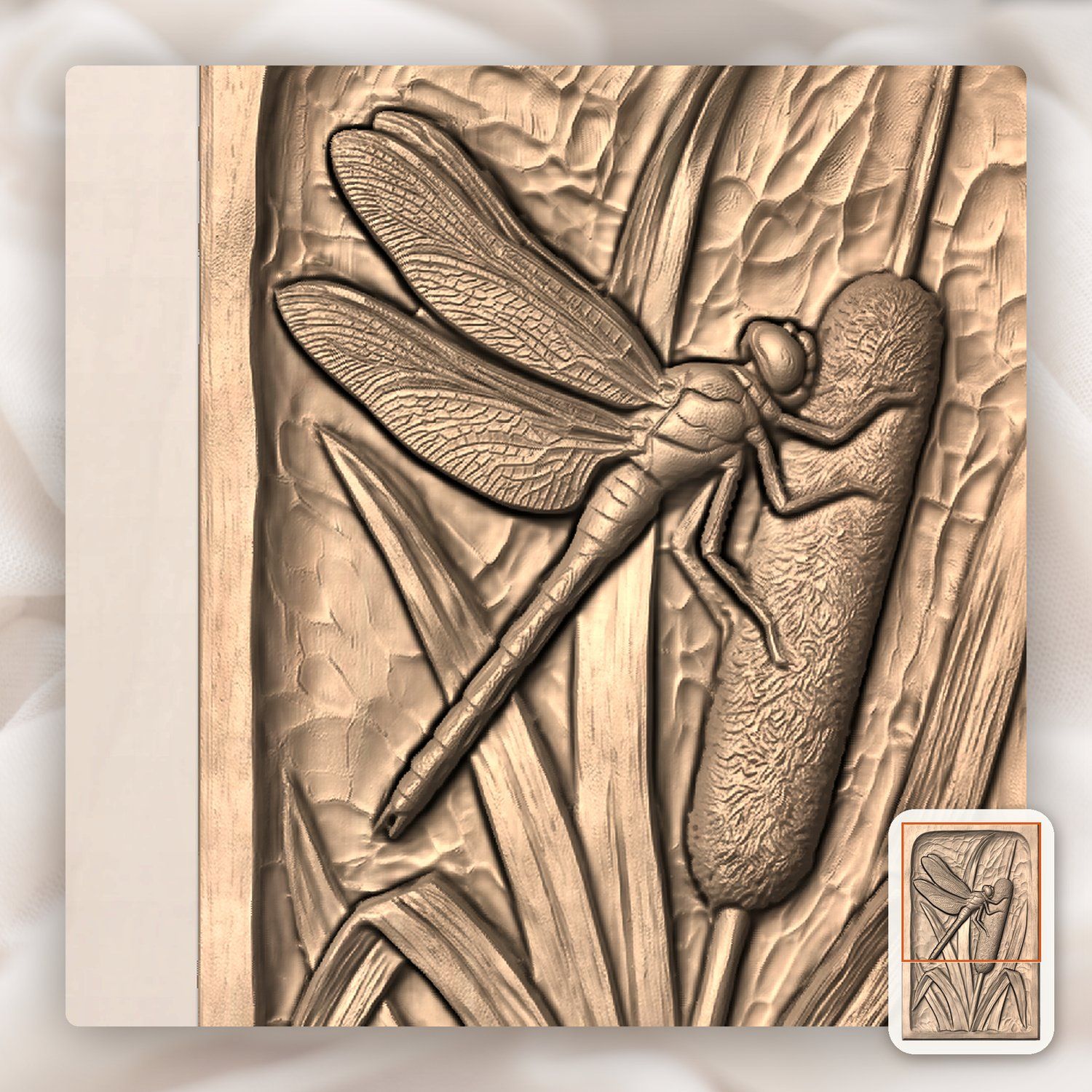 Dragonfly on Cattail Pond Scene CNC Relief STL bas-relief STL — view 7