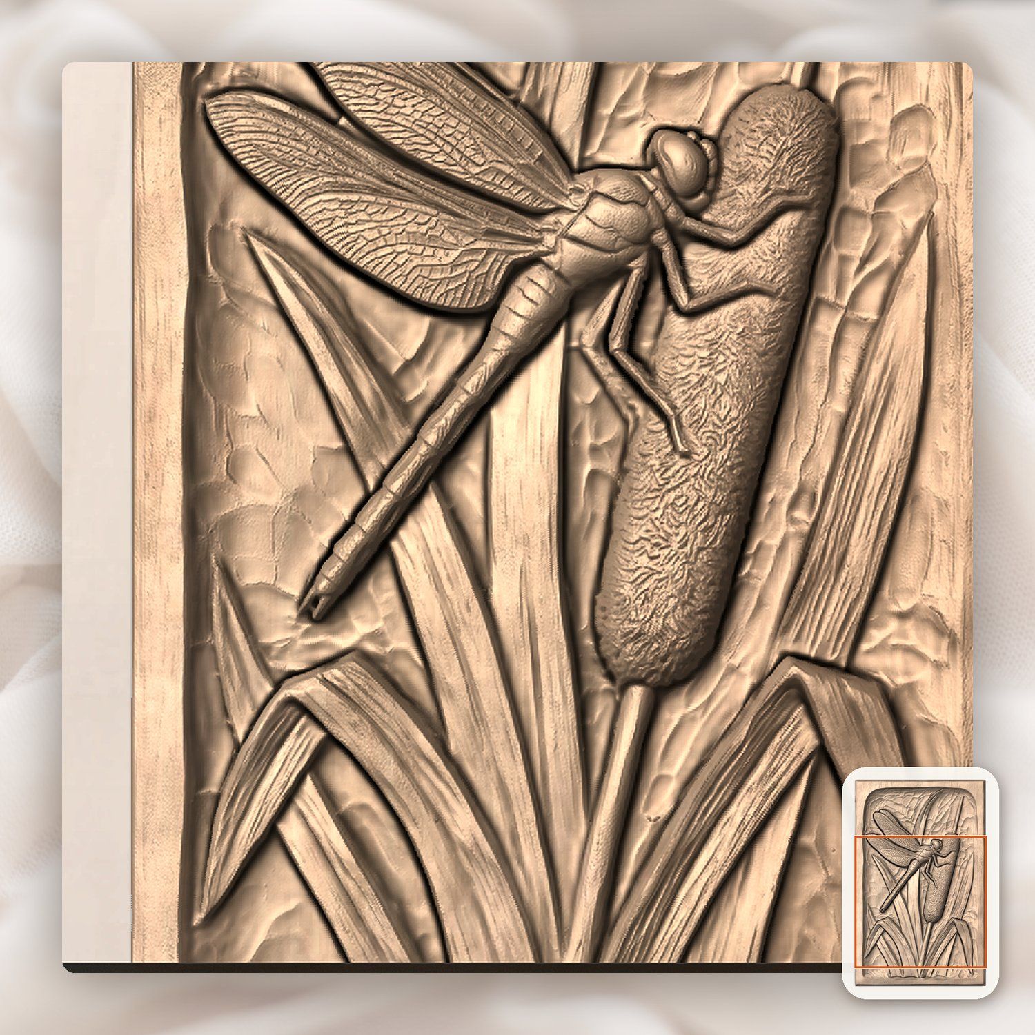 Dragonfly on Cattail Pond Scene CNC Relief STL bas-relief STL — view 8