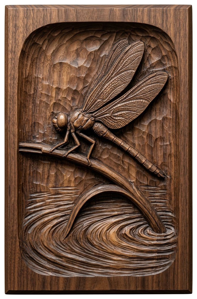 Dragonfly on Reed Water Ripple Scene CNC Relief STL bas-relief STL — view 4