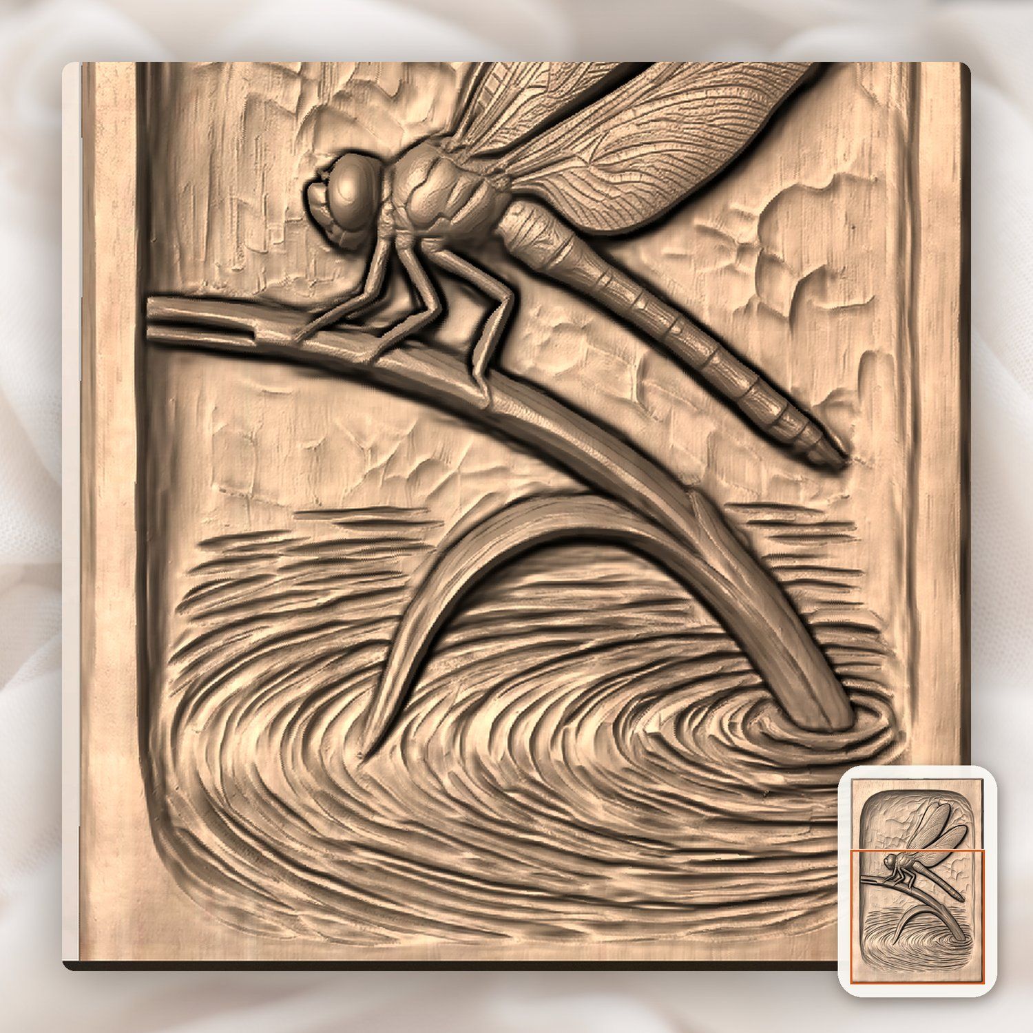 Dragonfly on Reed Water Ripple Scene CNC Relief STL bas-relief STL — view 7