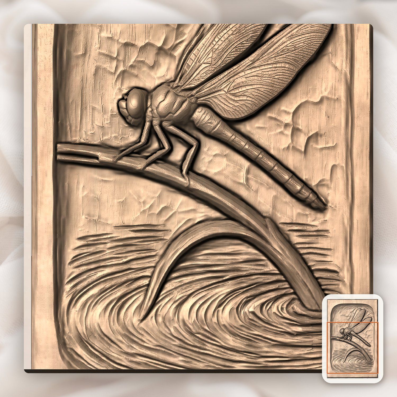 Dragonfly on Reed Water Ripple Scene CNC Relief STL bas-relief STL — view 8