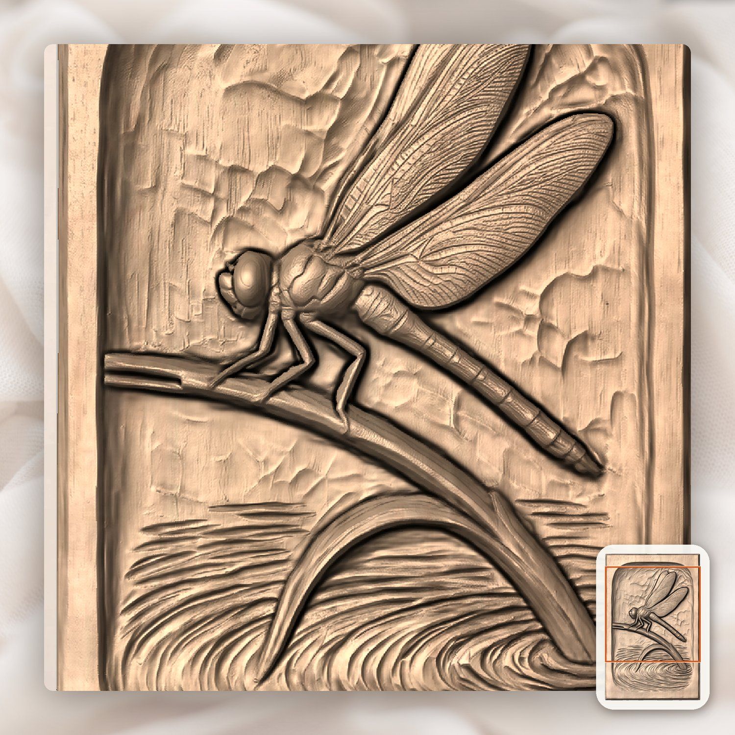 Dragonfly on Reed Water Ripple Scene CNC Relief STL bas-relief STL — view 9