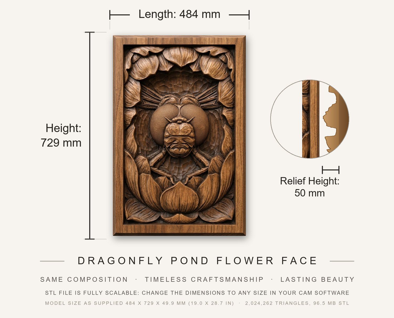 Dragonfly Pond Flower Face CNC Relief STL bas-relief STL — view 3