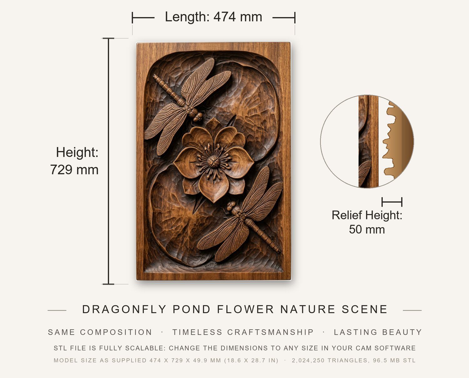 Dragonfly Pond Flower Nature Scene CNC Relief STL bas-relief STL — view 3