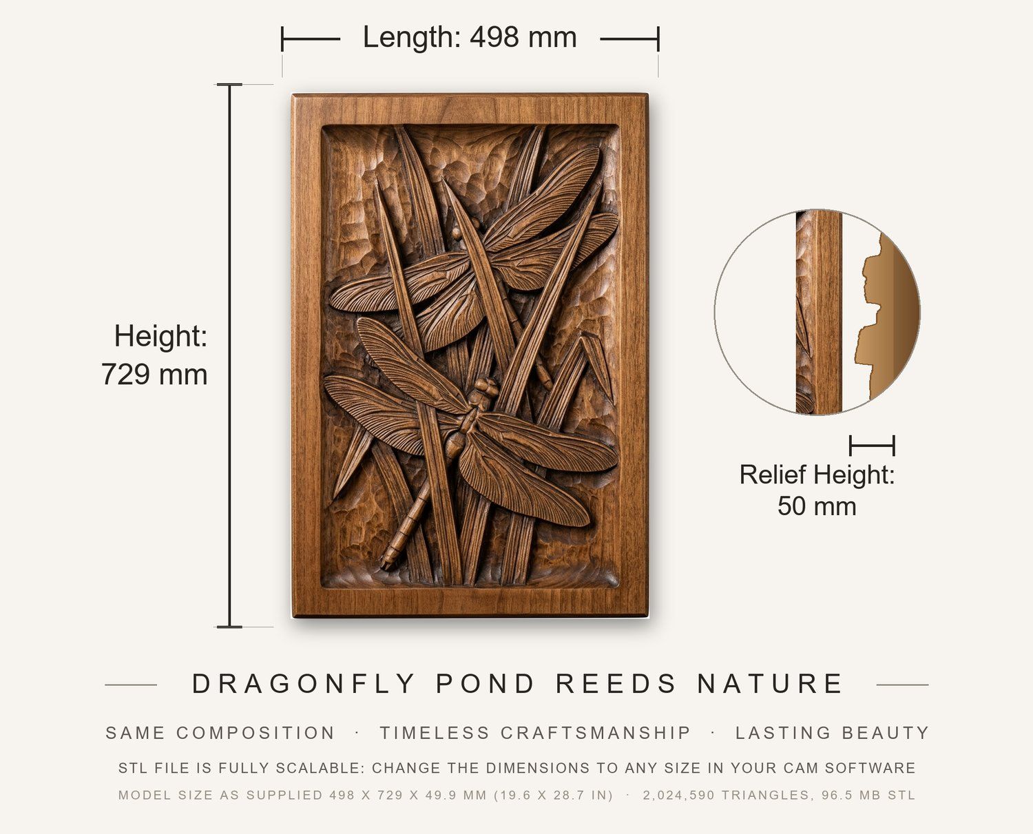 Dragonfly Pond Reeds Nature CNC Relief STL bas-relief STL — view 3