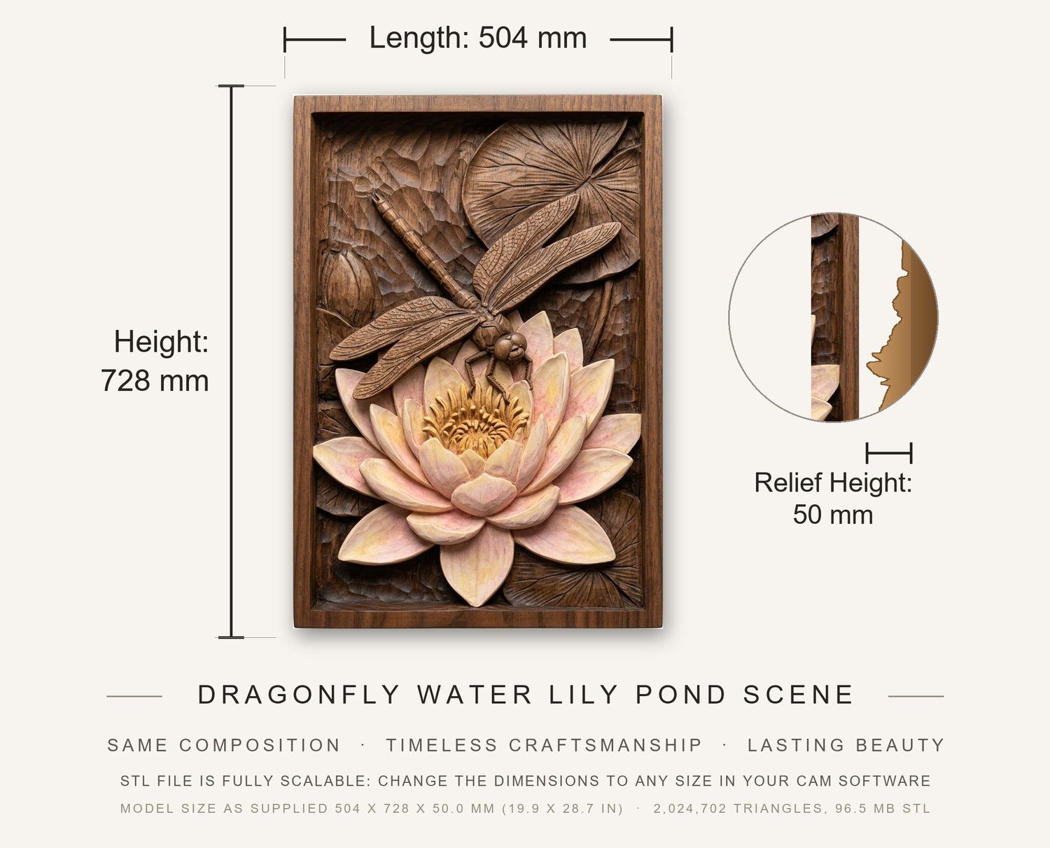 Dragonfly Water Lily Pond Scene CNC Relief STL bas-relief STL — view 3