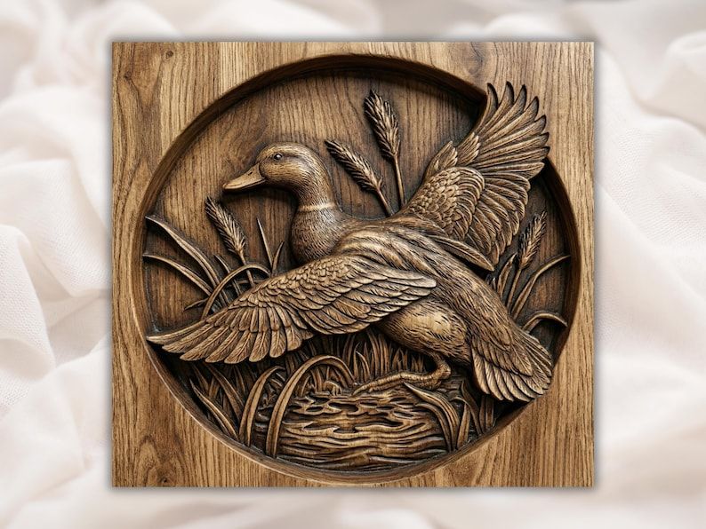 Bas-relief wood carving of a mallard duck landing with spread wings among reeds and water in a round frame