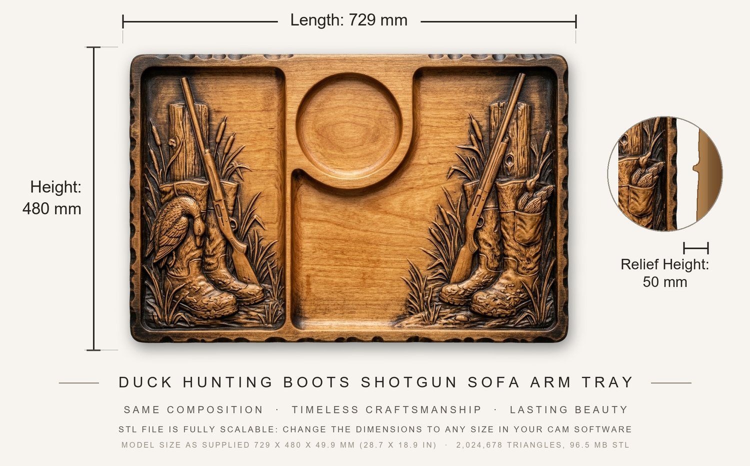 Duck Hunting Boots Shotgun Sofa Arm Tray Top CNC Relief STL bas-relief STL — view 3
