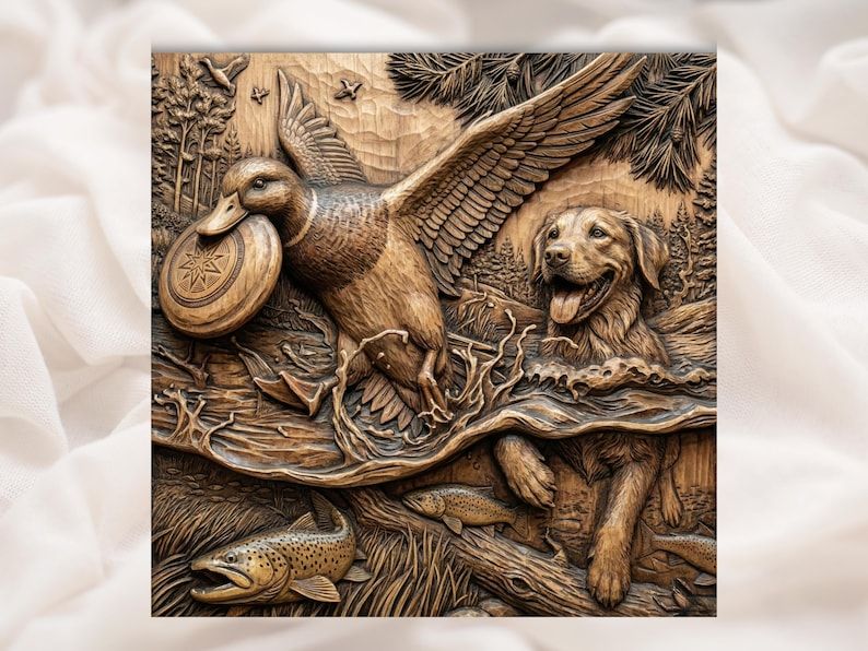 Bas-relief wood carving of a retriever dog, a flying duck with a disc, and a trout in a creek scene