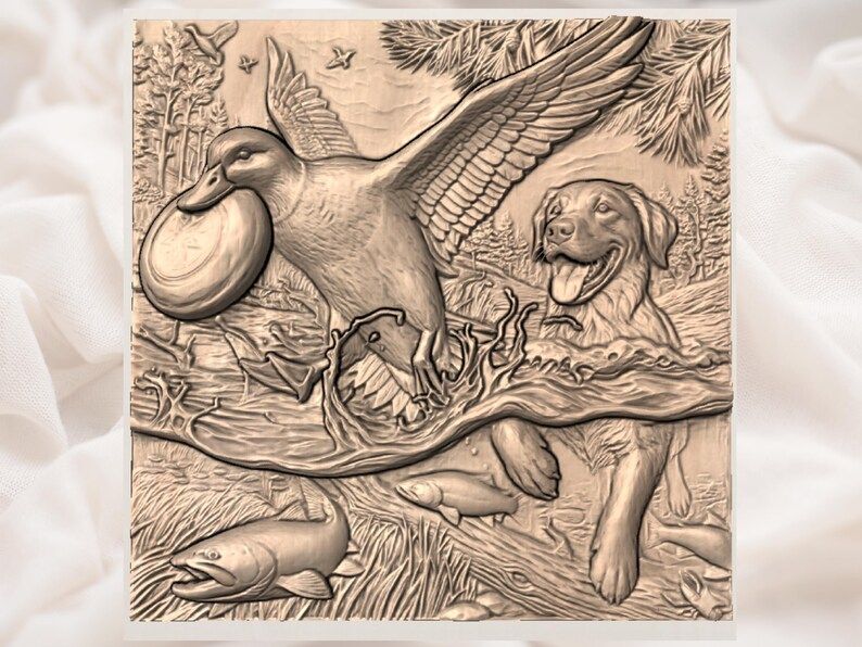 Retriever and Flushing Duck Hunting Scene Bas-Relief STL bas-relief STL — view 3