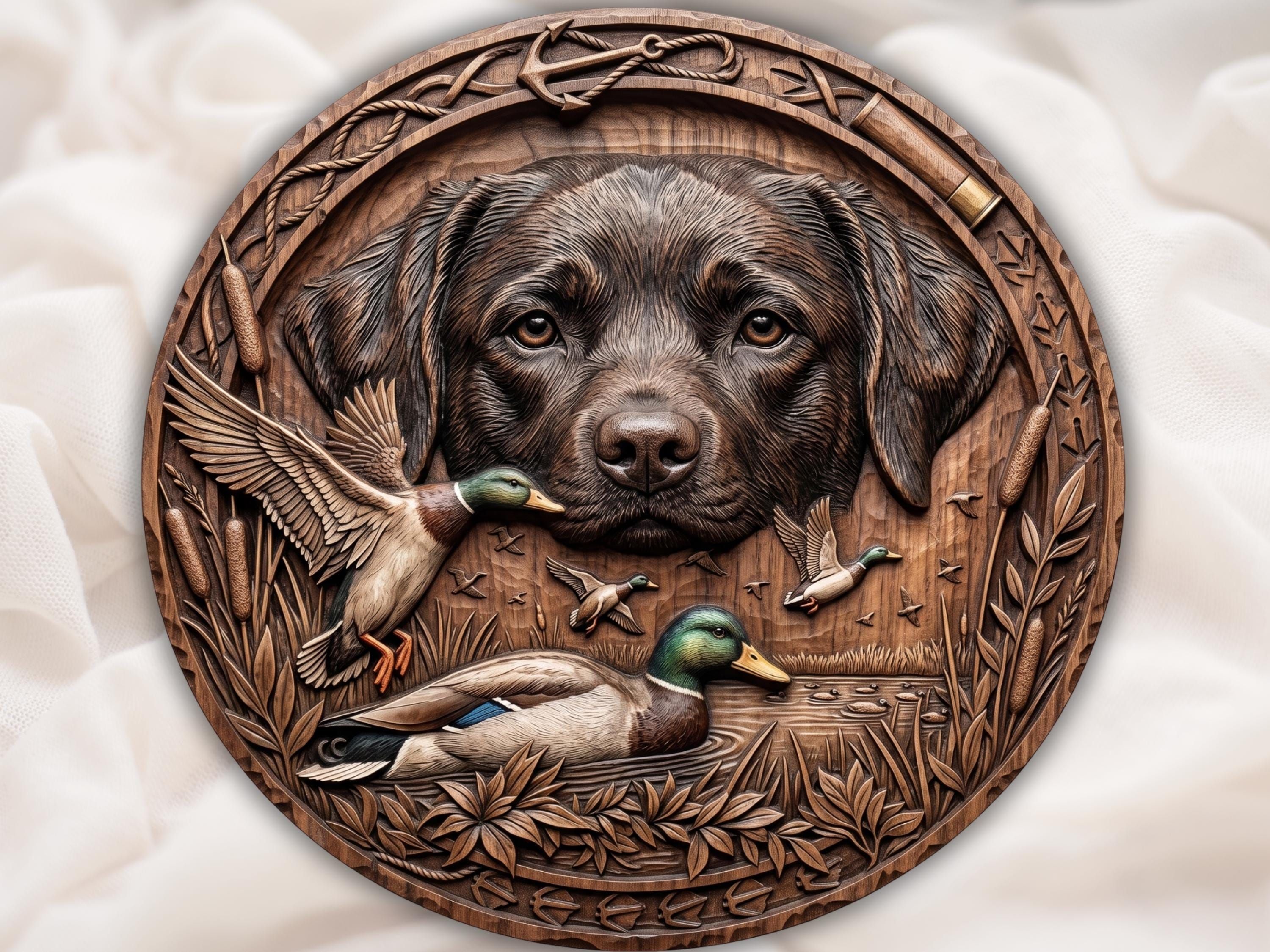 Carved wood relief of a Labrador retriever face above mallard ducks, marsh reeds, and a rope and anchor border.