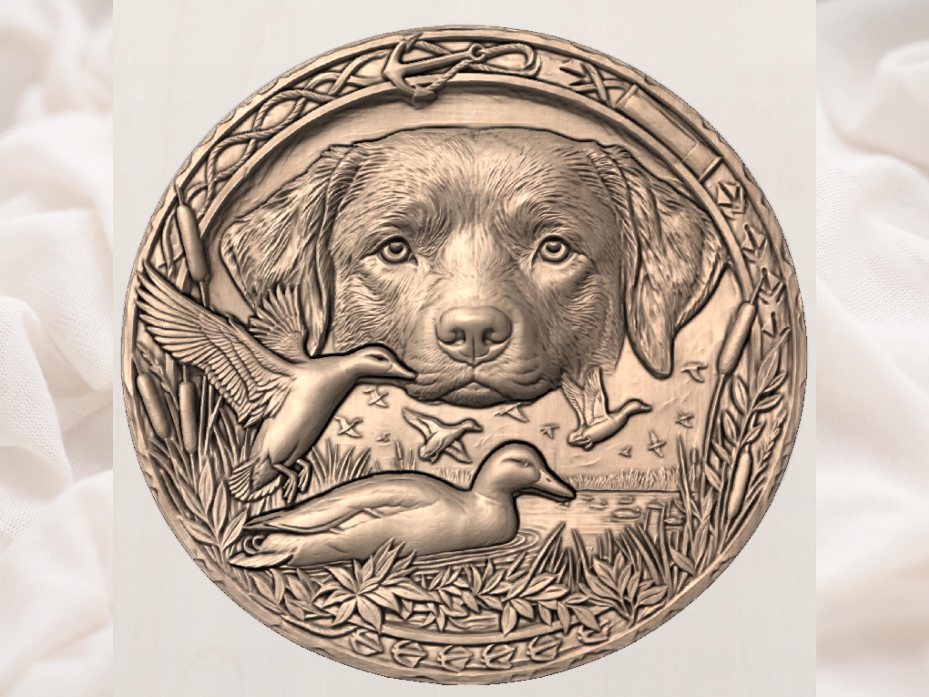 Labrador and Mallard Marsh Hunt Bas-Relief STL Panel bas-relief STL — view 2