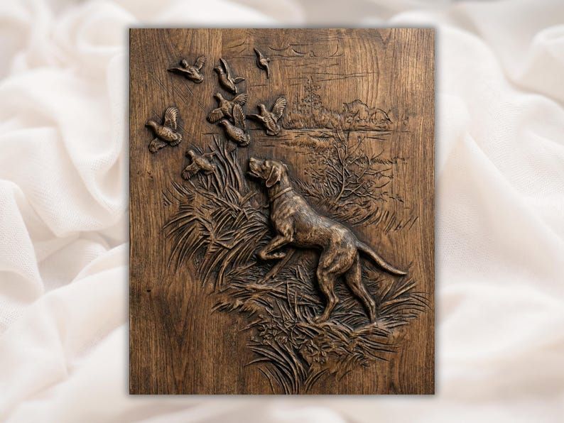 Bas-relief wood carving of a pointing retriever in tall grass watching ducks fly over a lake.