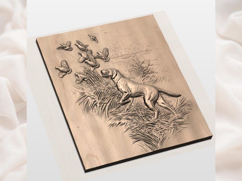 Pointing Retriever and Flushing Ducks Bas-Relief STL bas-relief STL — view 2