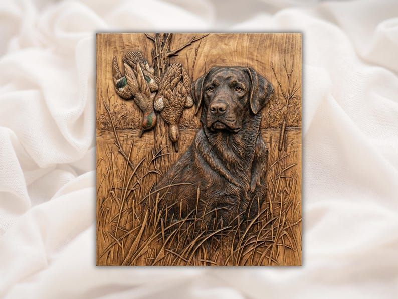 Carved wood relief of a chocolate Labrador sitting in marsh grass beside two hanging mallard ducks