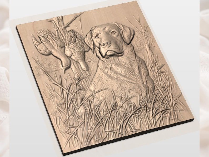 Chocolate Lab and Mallards Marsh Scene Bas-Relief STL bas-relief STL — view 2