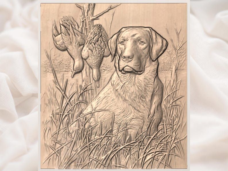 Chocolate Lab and Mallards Marsh Scene Bas-Relief STL bas-relief STL — view 3