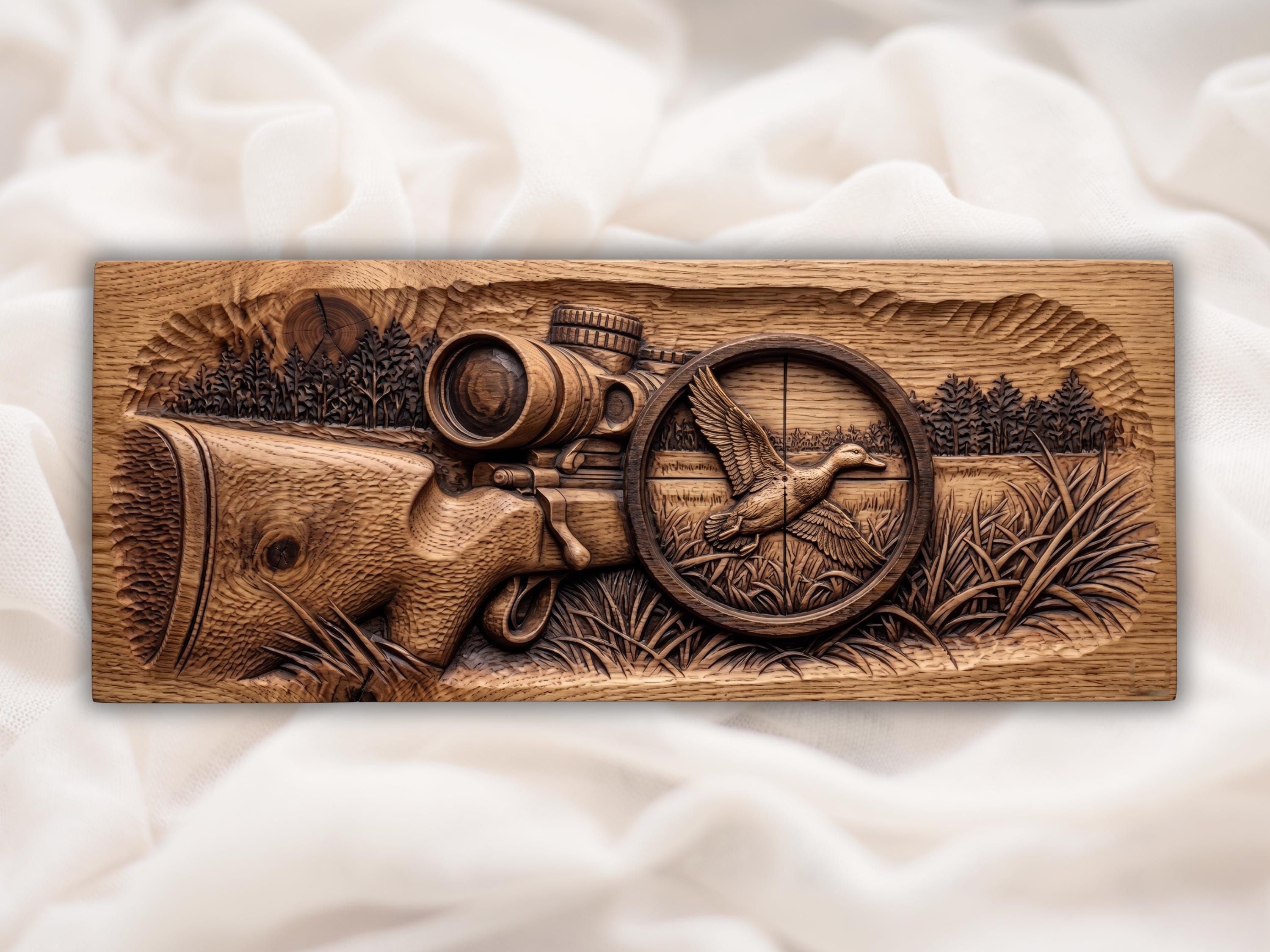 Bas-relief wood carving of a shotgun and rifle scope framing a duck in flight over marsh grass