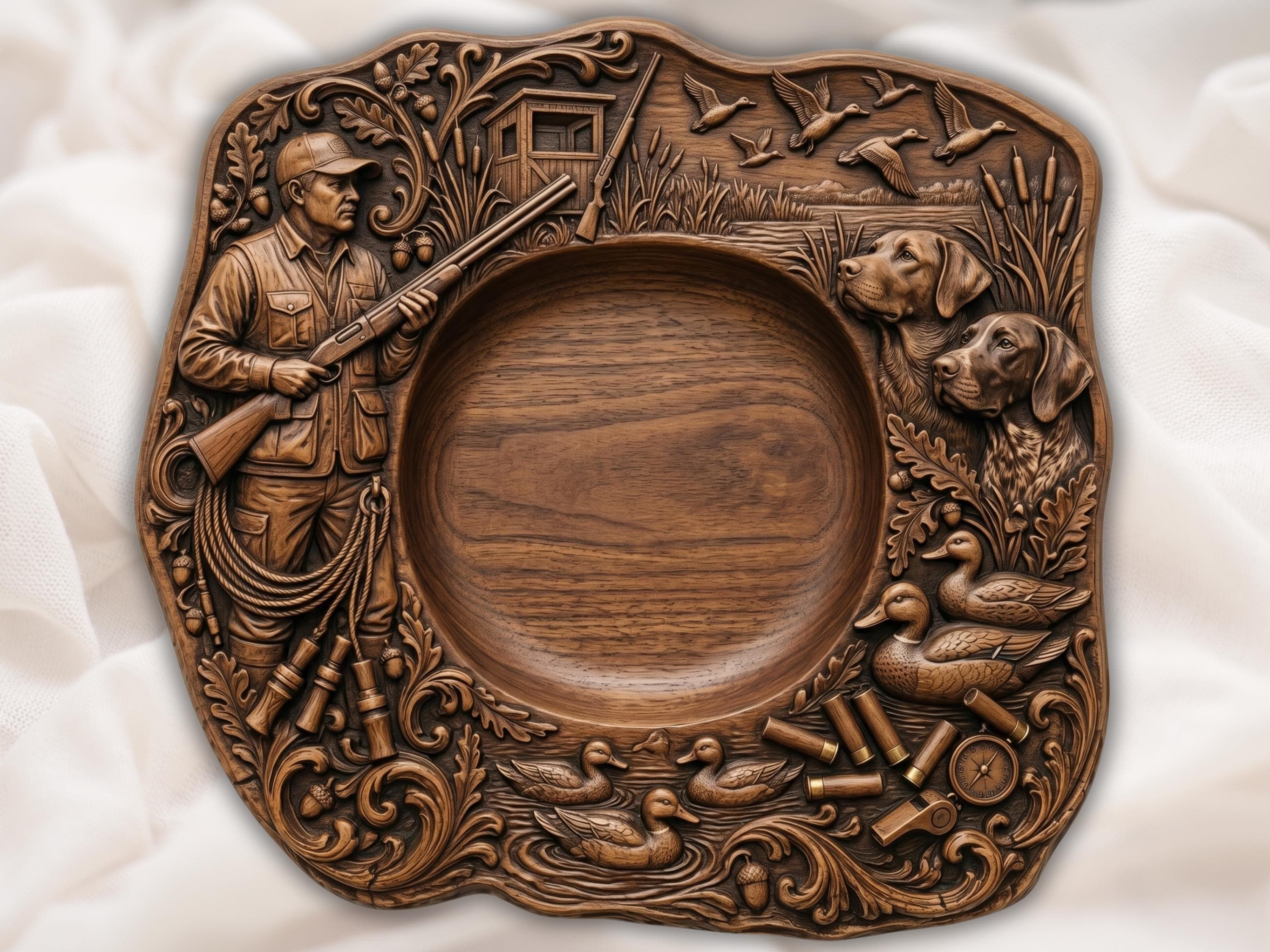Carved wooden serving platter with duck hunting blind, shotgun, flying and swimming mallards, reeds and acorns on the rim