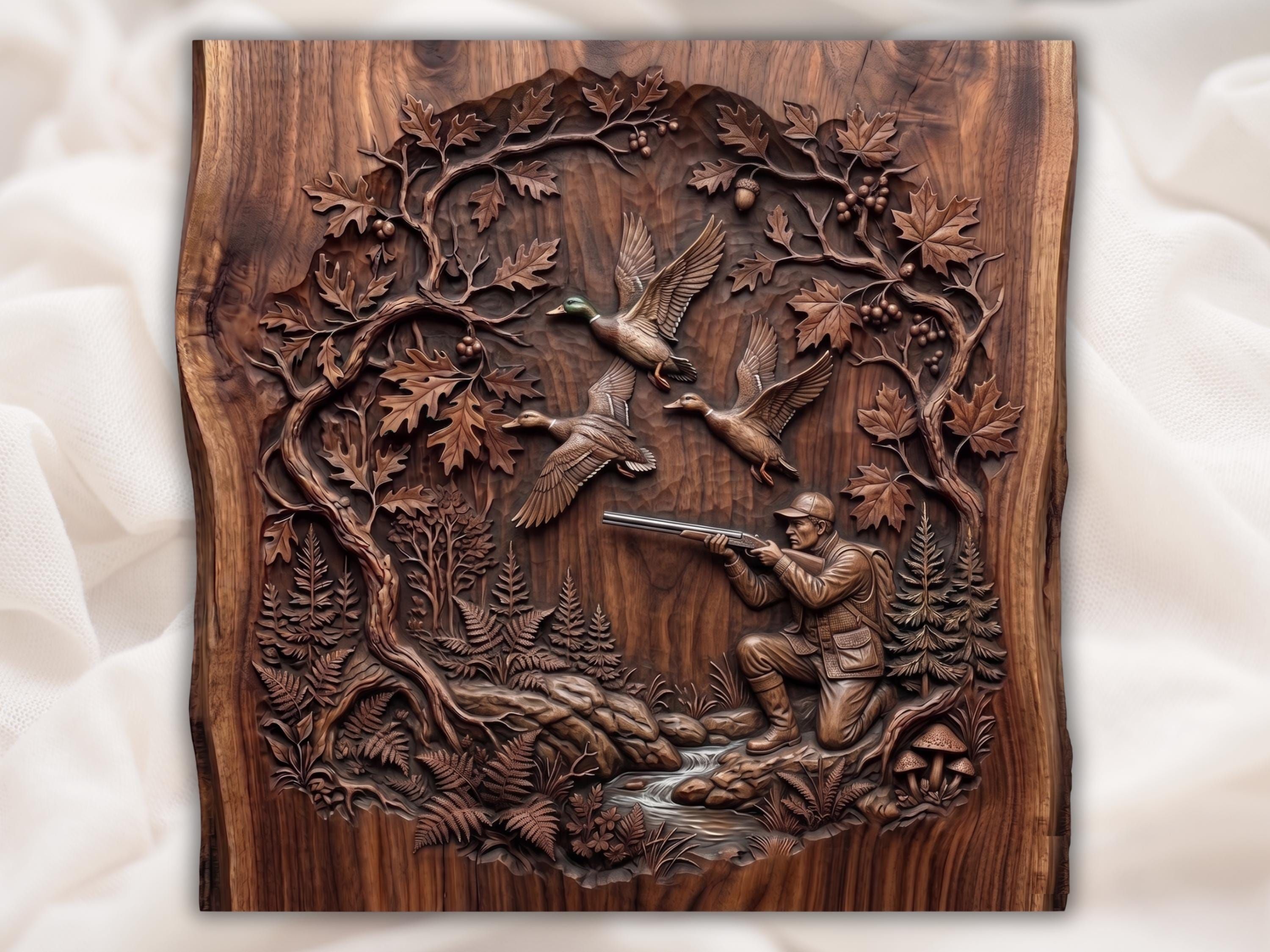 Bas-relief wood carving of a kneeling hunter aiming at three flying mallard ducks above a forest stream with oak leaves