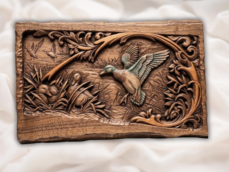 Carved wood bas-relief of a flying mallard duck landing in marsh reeds with ducklings and a scroll frame