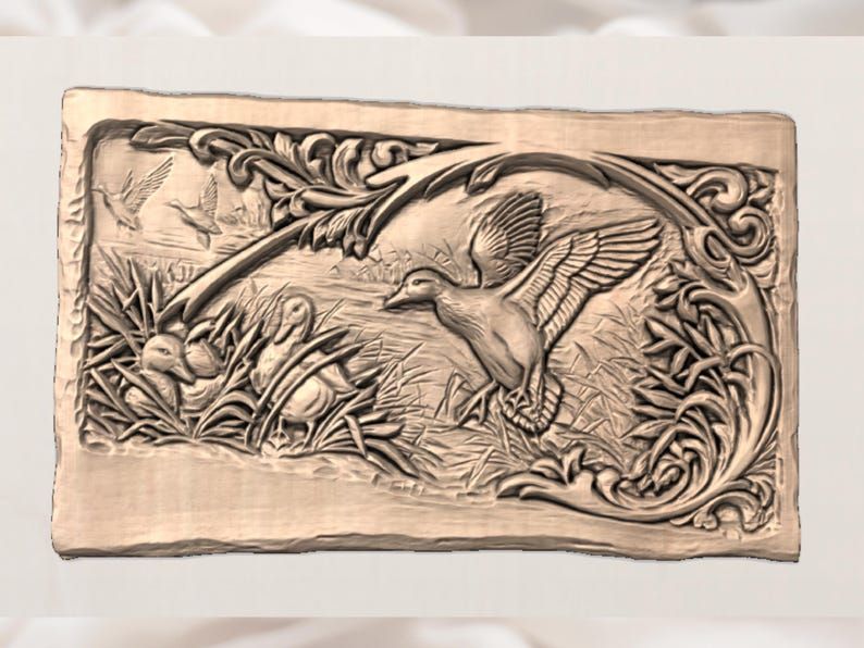 Mallard Landing in the Marsh Bas-Relief STL with Scroll Frame bas-relief STL — view 2