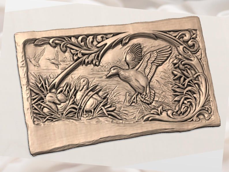 Mallard Landing in the Marsh Bas-Relief STL with Scroll Frame bas-relief STL — view 3