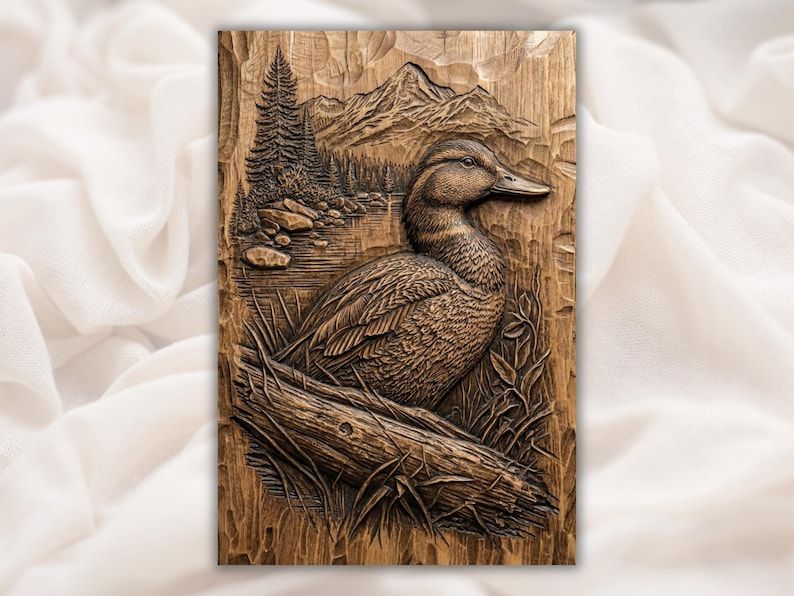 Carved wood bas-relief of a mallard duck on driftwood with a lake, pine tree and mountains behind it