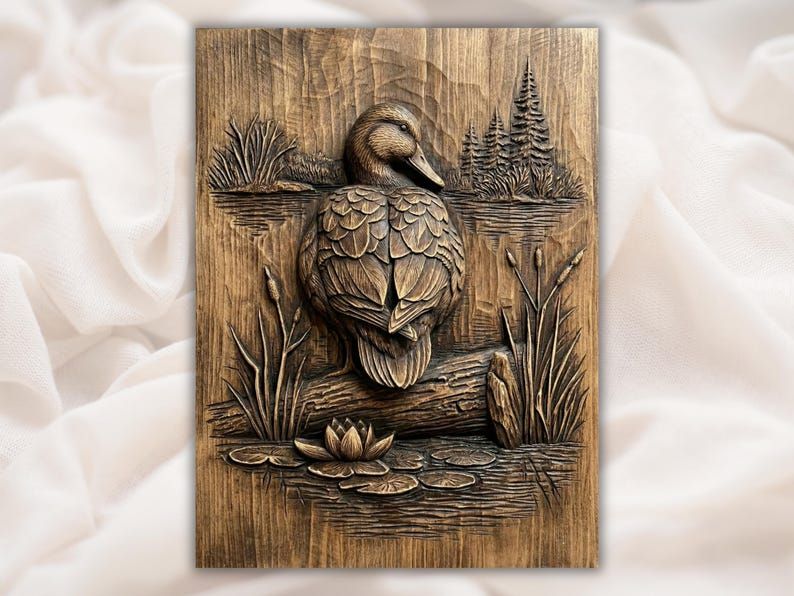 Carved wood relief of a mallard duck on a log by a pond with cattails, a lily pad, and pine trees