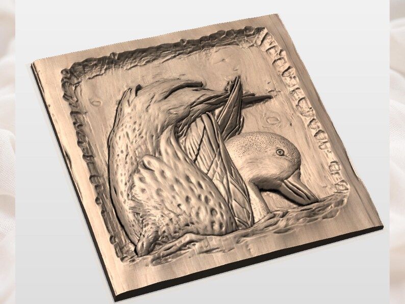 Preening Pintail Duck Bas-Relief STL in a Rustic Carved Panel bas-relief STL — view 2