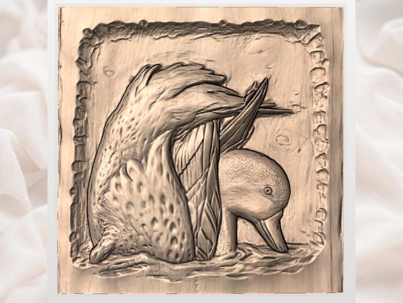 Preening Pintail Duck Bas-Relief STL in a Rustic Carved Panel bas-relief STL — view 3