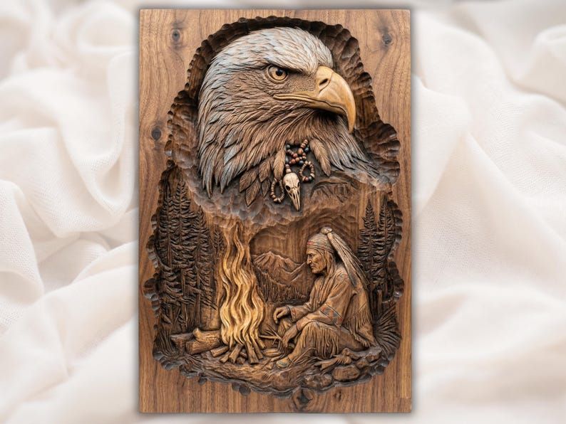Carved bas-relief of a bald eagle head above a Native elder seated by a campfire with pine trees and mountains
