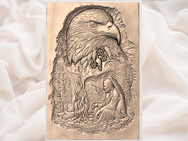 Bald Eagle and Campfire Elder Bas-Relief STL Wood Carving bas-relief STL — view 2