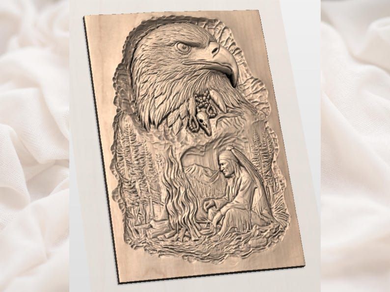 Bald Eagle and Campfire Elder Bas-Relief STL Wood Carving bas-relief STL — view 3