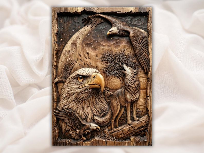 Bas-relief carving of a bald eagle, a howling wolf, a soaring eagle, bare tree, and moon in a wood frame