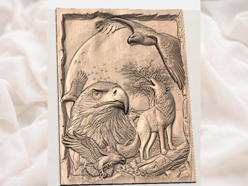 Bald Eagle and Howling Wolf Moonlit Wilderness Relief STL bas-relief STL — view 2